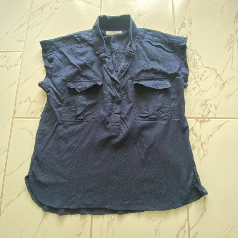 LOFT Womens Large Navy Blue Sleeveless Utility Blouse Textured Two Pocket Top